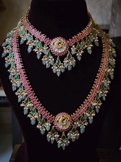 Peacock design center with green tear drop hangings and aqua bead drops paachi kundan set