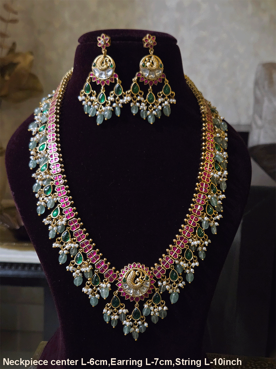 Peacock design center with green tear drop hangings and aqua bead drops paachi kundan set