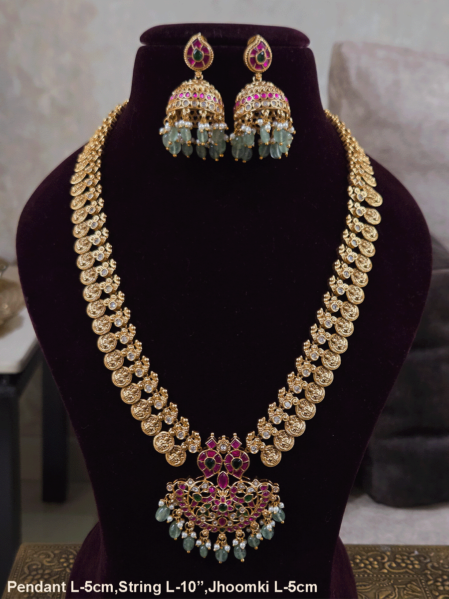 Laxmiji coin side string with ruby green paachi kundan aqua drops pendant set