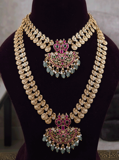 Laxmiji coin side string with ruby green paachi kundan aqua drops pendant set