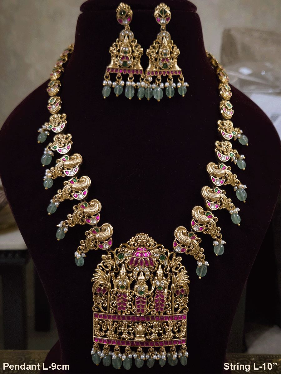 Pink and green stones studded 10" long string Ram durbar with peacock side string aqua bead drops paachi kundan set
