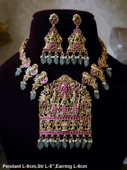 Pink and green stones studded Ram durbar with peacock side string aqua bead drops paachi kundan set