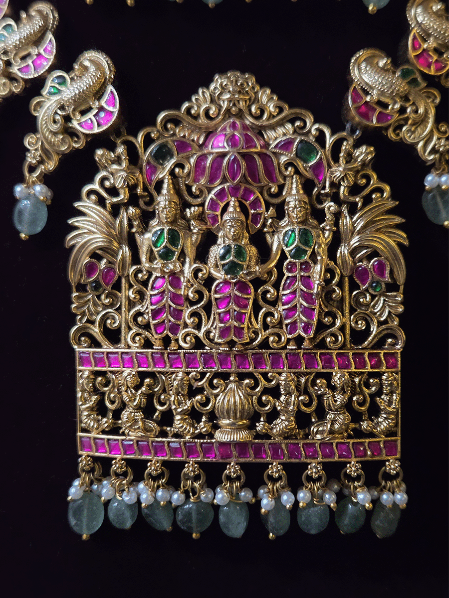 Pink and green stones studded 10" long string Ram durbar with peacock side string aqua bead drops paachi kundan set