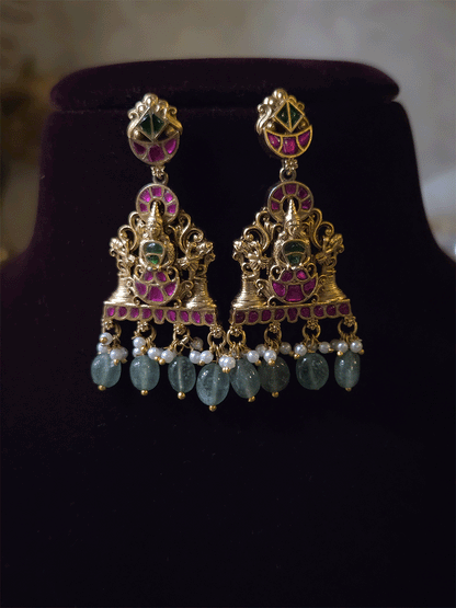 Pink and green stones studded Ram durbar with peacock side string aqua bead drops paachi kundan set