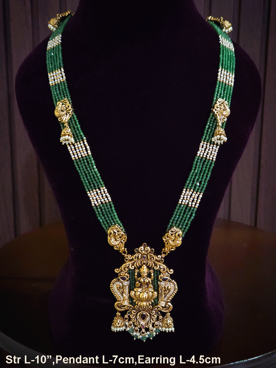 Jade bead and pearl strings Laxmiji 10" long pendant with jhoomki hangings set with side peacock with jhoomki brooches