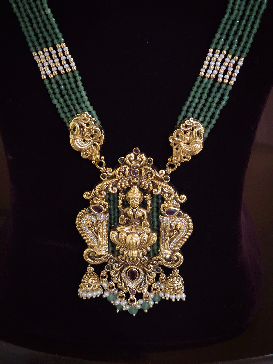 Jade bead and pearl strings Laxmiji 10" long pendant with jhoomki hangings set with side peacock with jhoomki brooches