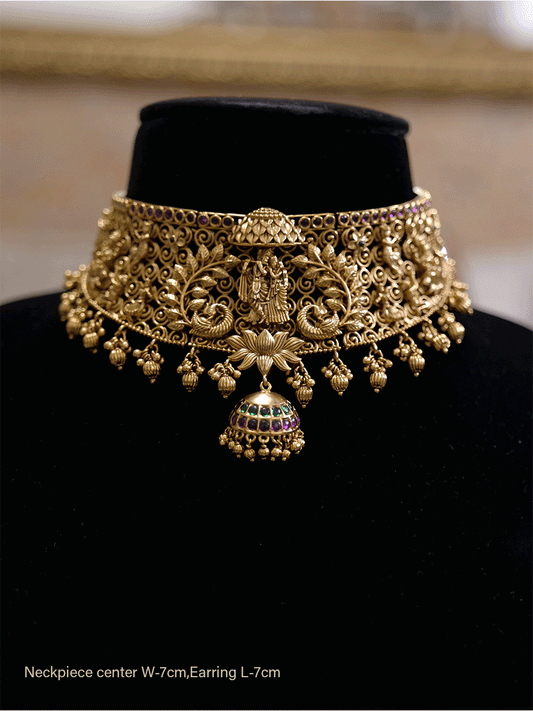 Dancing peacock design on both sides of radha krishna choker set with ruby and green stones - Odara Jewellery