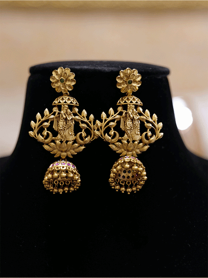 Dancing peacock design on both sides of radha krishna choker set with ruby and green stones - Odara Jewellery