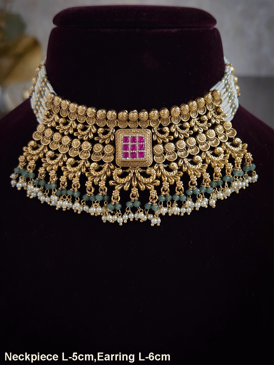 Ruby stone square center with aqua bead drops intricate carving set