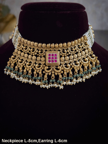 Ruby stone square center with aqua bead drops intricate carving set