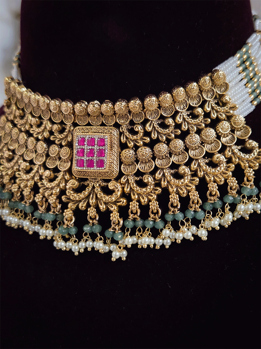 Ruby stone square center with aqua bead drops intricate carving set