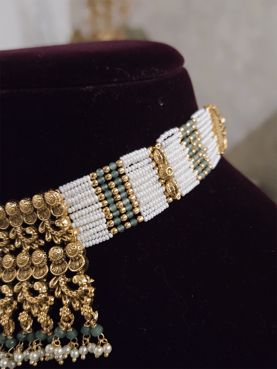 Ruby stone square center with aqua bead drops intricate carving set