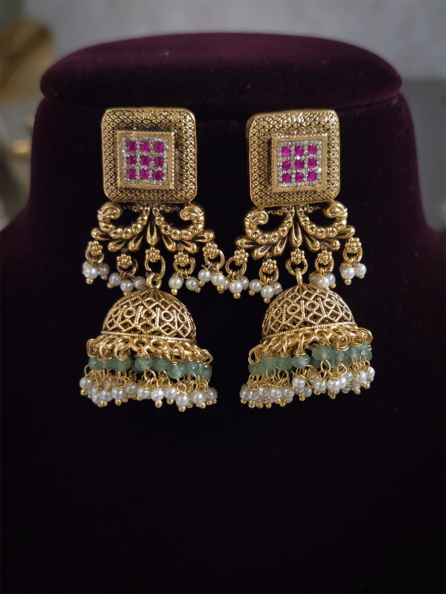 Ruby stone square center with aqua bead drops intricate carving set