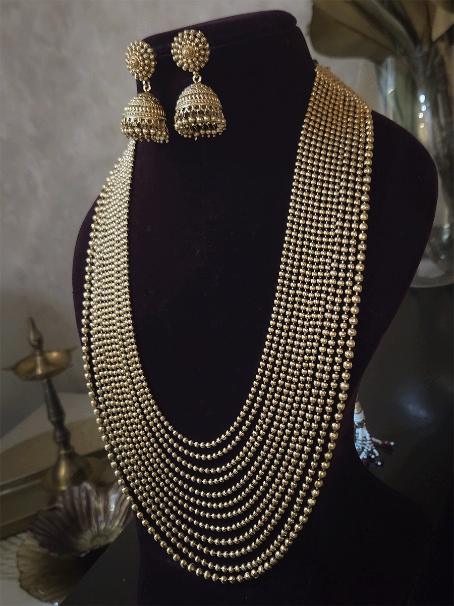 Multiple gold bead layer long set with jhoomkies