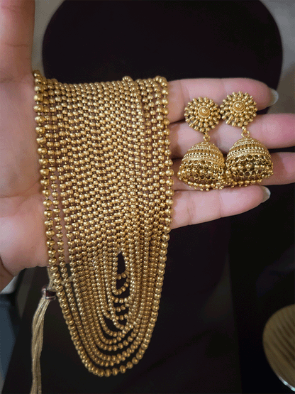 Multiple gold bead layer long set with jhoomkies