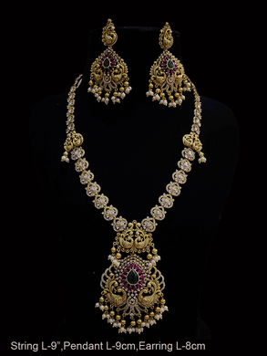 White stones studded peacock design ruby and green stones long pendant set with peacock motif's on string