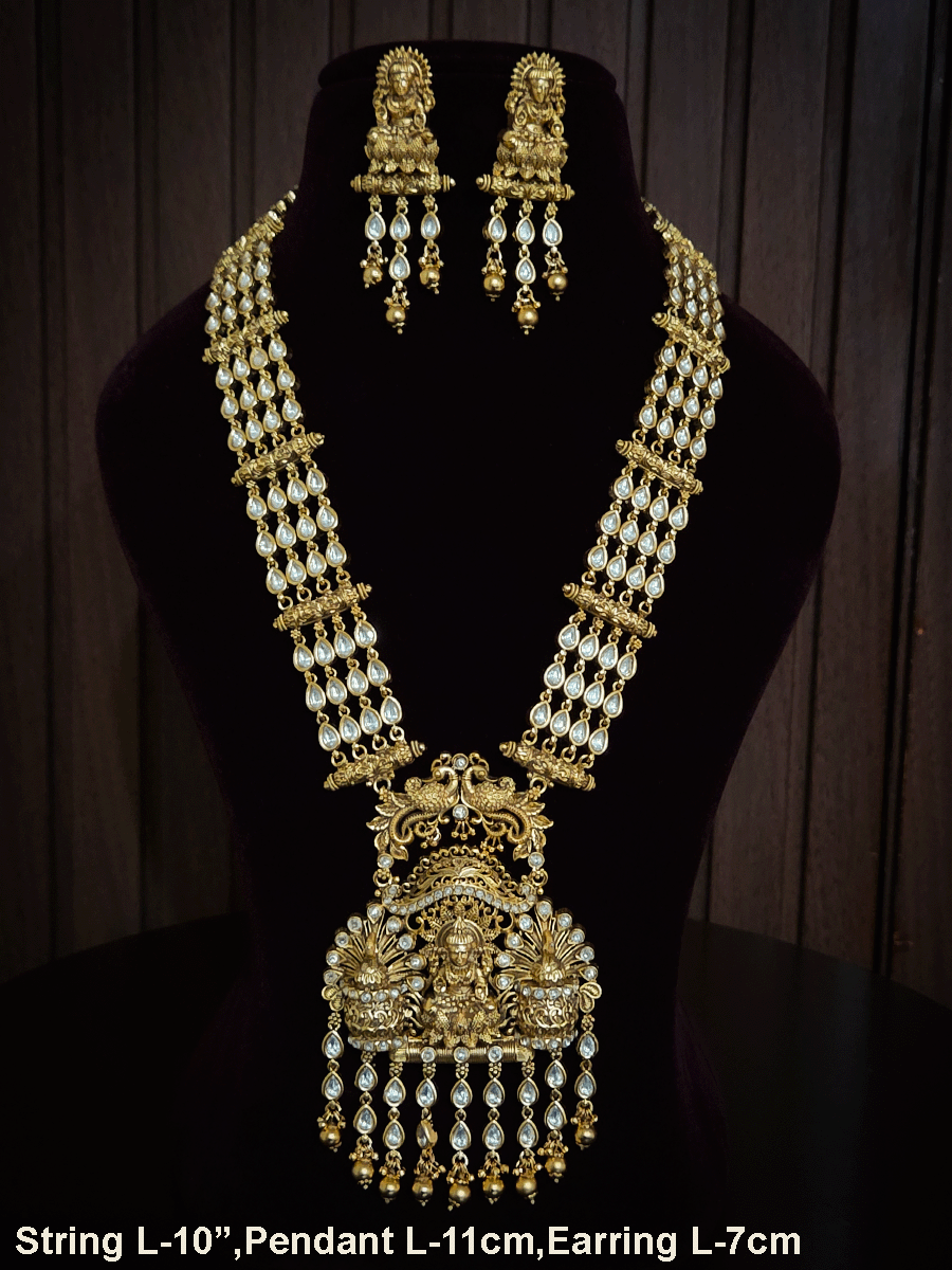 Kundan studded laxmiji with peacock on sides long pendant set with 2cm broad kundan string