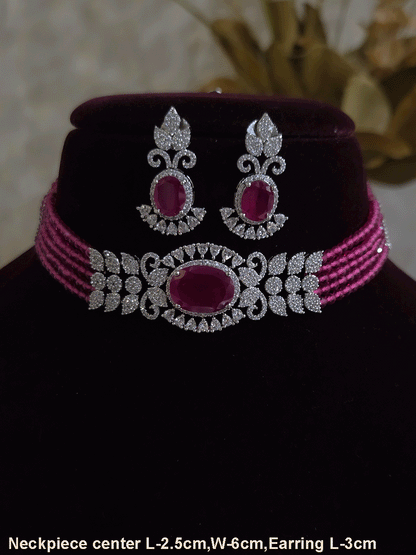 Oval coloured stone in center with AD leaf design and onyx side strings set