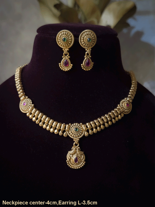 Circular tukdies with coloured stones sleek set with hanging tear drop shaped peacock tukdi in center