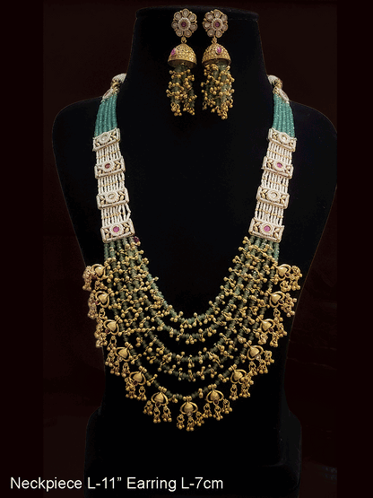 11" long Aqua bead multiple strings with ghunghru detailing and rectangular kundan tukdies in cheed strings set