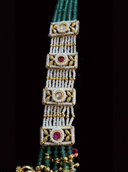 11" long Aqua bead multiple strings with ghunghru detailing and rectangular kundan tukdies in cheed strings set