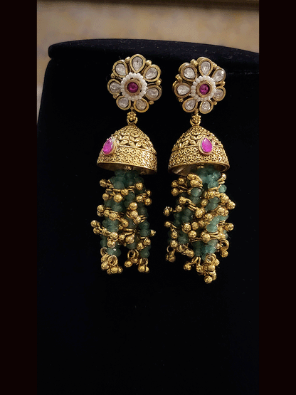 11" long Aqua bead multiple strings with ghunghru detailing and rectangular kundan tukdies in cheed strings set