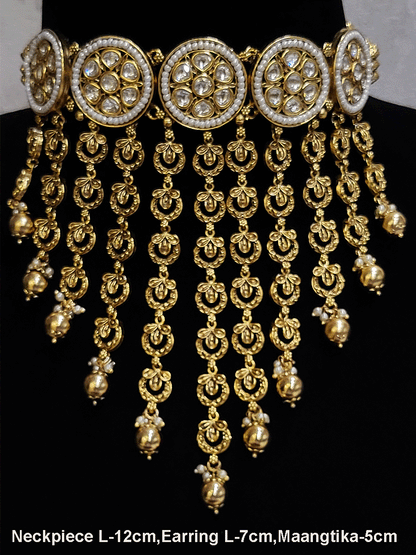 Round kundan tukdies with pirohi work long antique gold tassels set