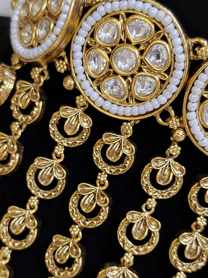 Round kundan tukdies with pirohi work long antique gold tassels set