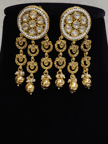 Round kundan tukdies with pirohi work long antique gold tassels set