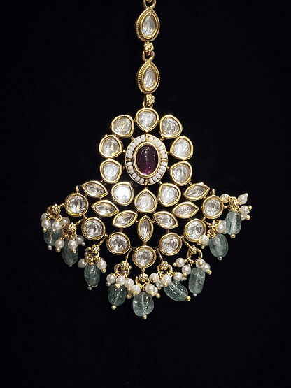 Round kundan tukdies with pirohi work long antique gold tassels set