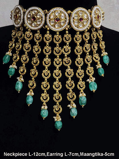 Round kundan tukdies with pirohi work long antique gold tassels set
