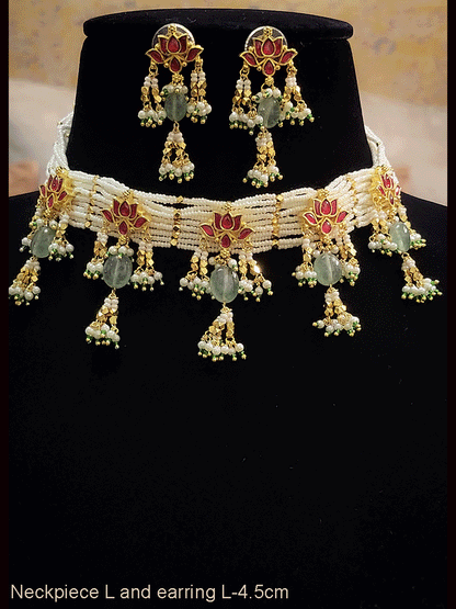 Five lotus paachi kundan choker set with aqua green drops