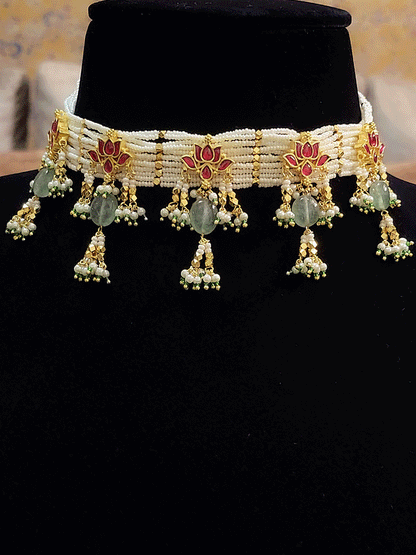 Five lotus paachi kundan choker set with aqua green drops