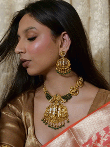 Ram durbar AD studded bold pendant set with side peacock design tukdies and beaded string