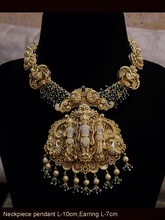 Load image into Gallery viewer, Ram durbar AD studded bold pendant set with side peacock design tukdies and beaded string