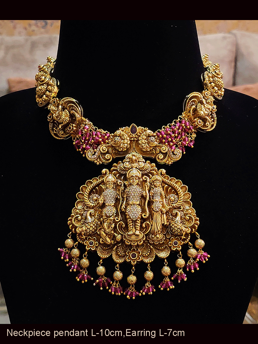 Ram durbar AD studded bold pendant set with side peacock design tukdies and beaded string
