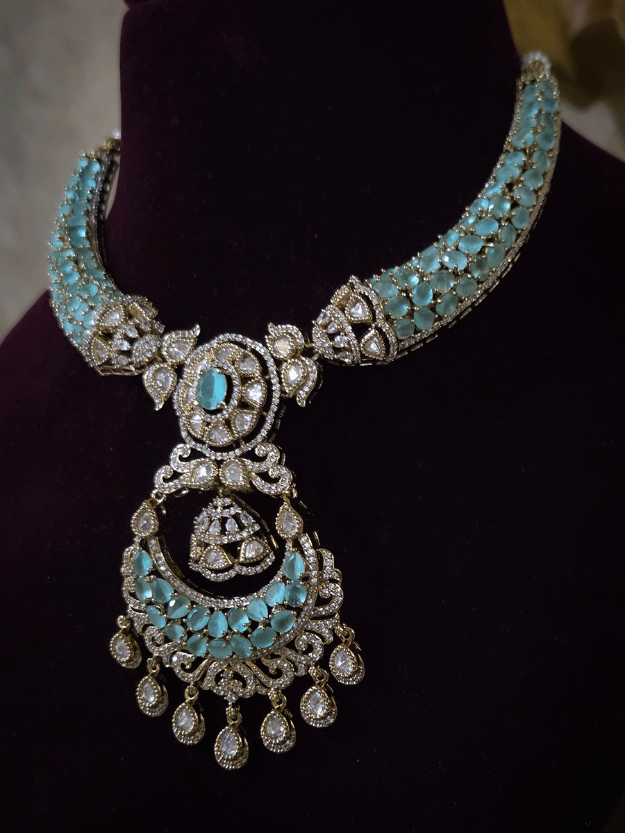 Mehandi finish stones studded moissanite set with chandbali design center