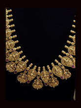 Load image into Gallery viewer, Long gold plated laxmiji motif&#39;s in leaf design tukdies set with ruby and green stones