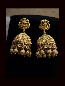 Long gold plated laxmiji motif's in leaf design tukdies set with ruby and green stones
