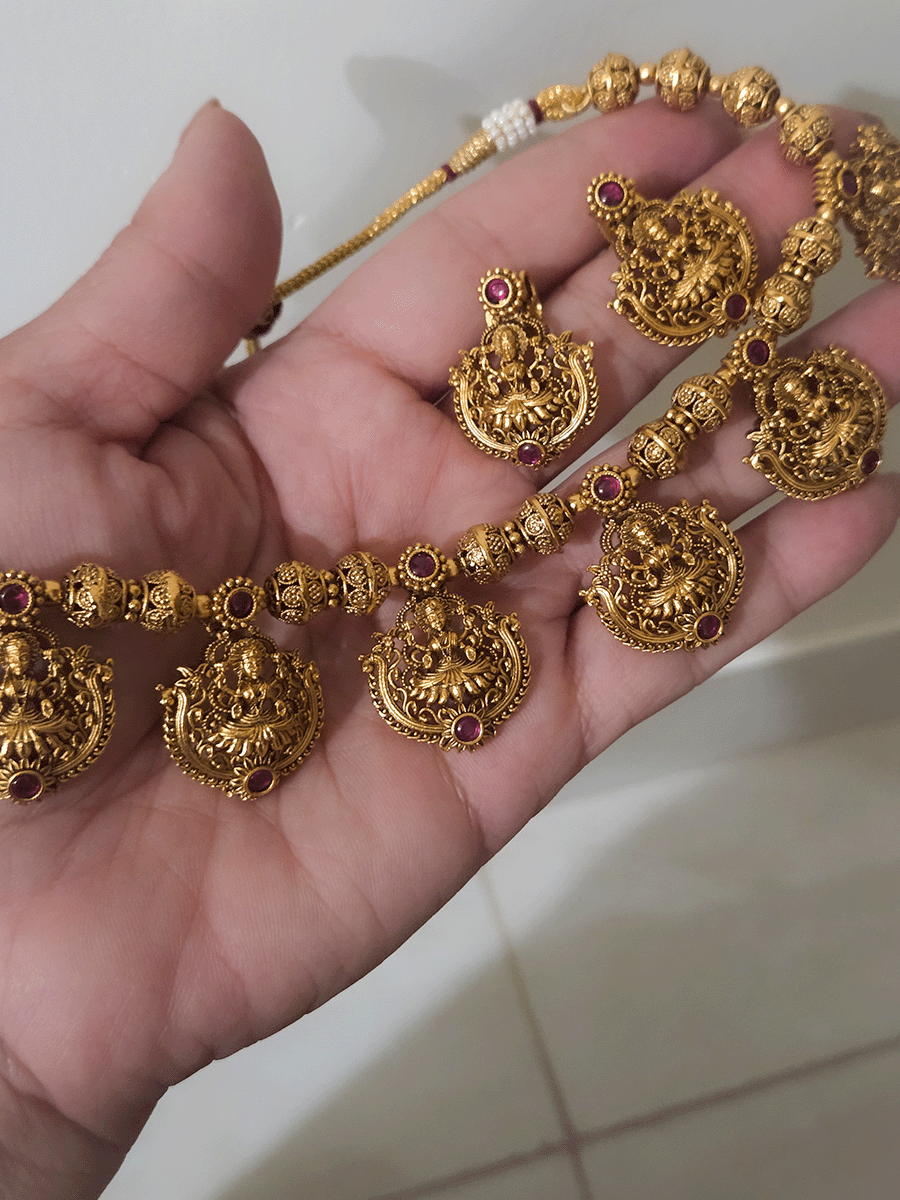 Laxmiji tukdies in matar bead string ruby stone set