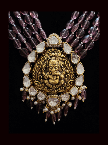 Five bold bead strings ganpati ji pendant set surrounded with kundan and AD