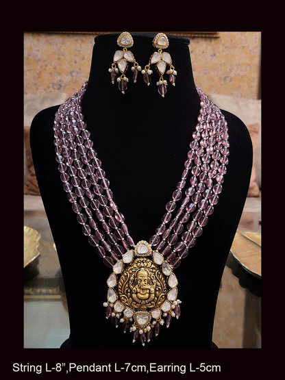 Five bold bead strings ganpati ji pendant set surrounded with kundan and AD