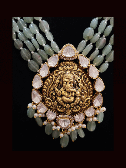 Five bold bead strings ganpati ji pendant set surrounded with kundan and AD