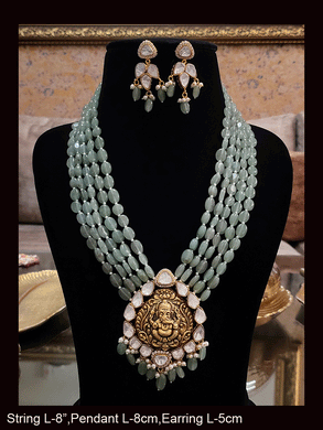 Five bold bead strings ganpati ji pendant set surrounded with kundan and AD