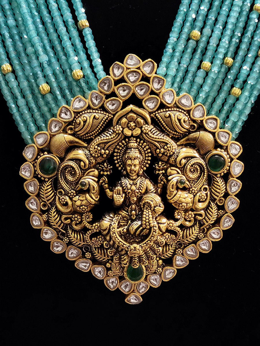 Laxmiji bold antique finish pendant set in 11 coloured beaded strings