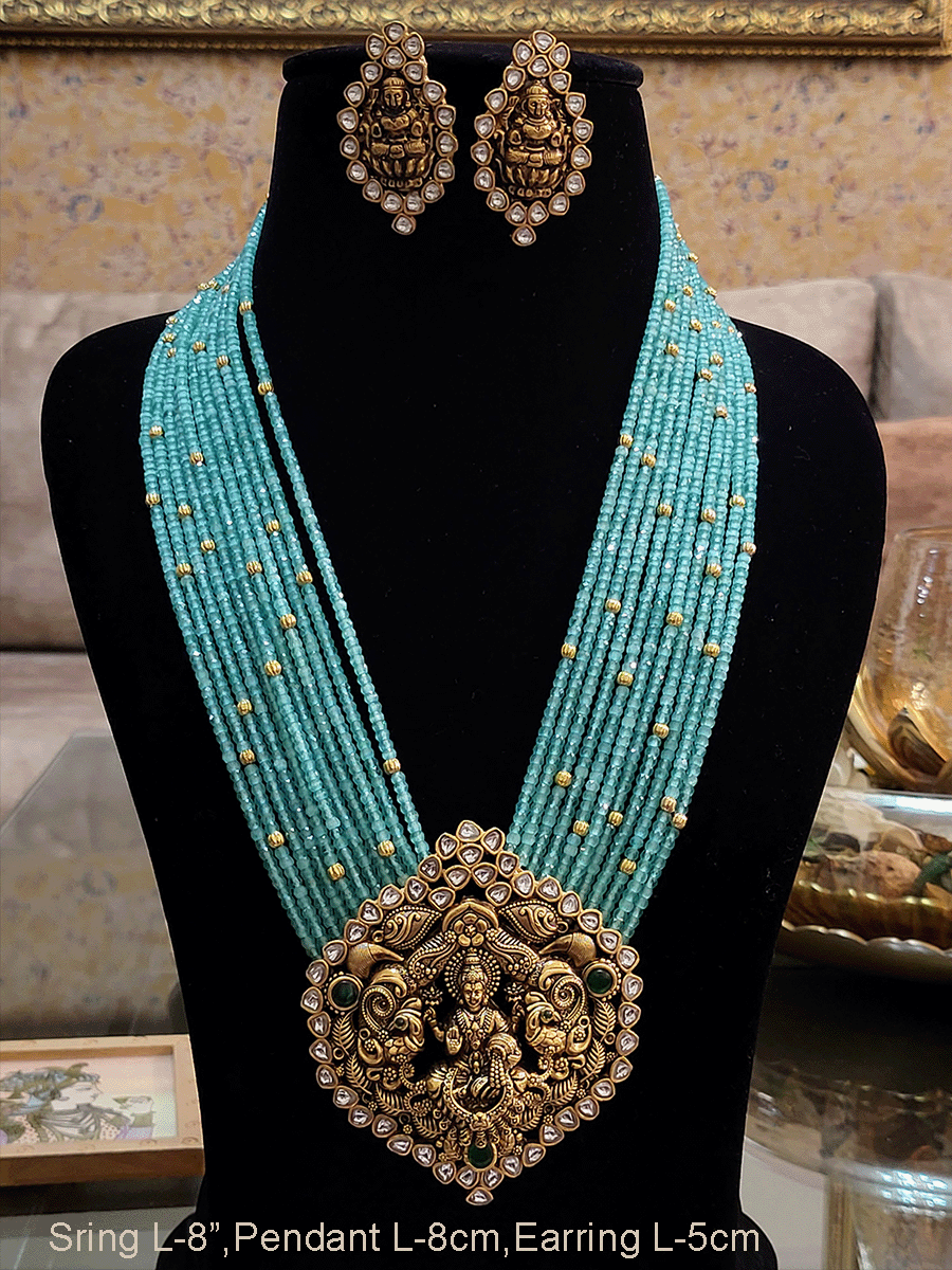Laxmiji bold antique finish pendant set in 11 coloured beaded strings