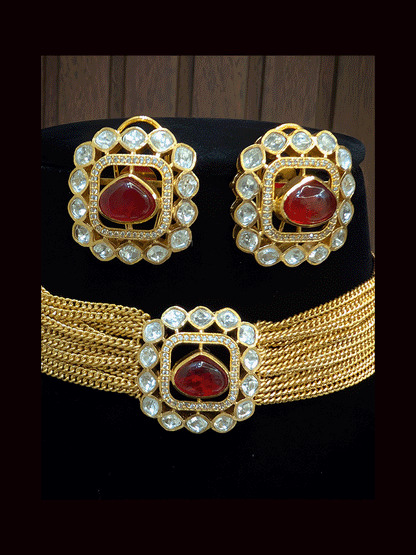 Square tukdi  triangular stone moissanite chik set with multiple chains