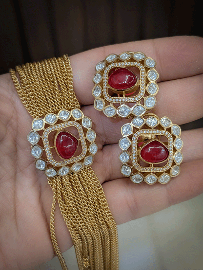 Square tukdi  triangular stone moissanite chik set with multiple chains