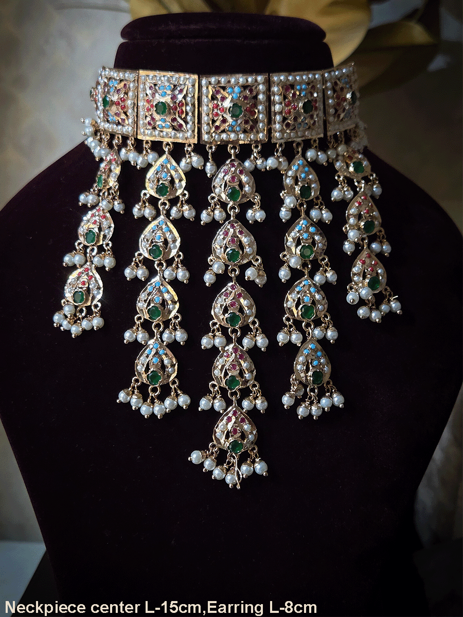 Square top muti coloured jadau connecting tukdies classy set with leaf design jadau tassels