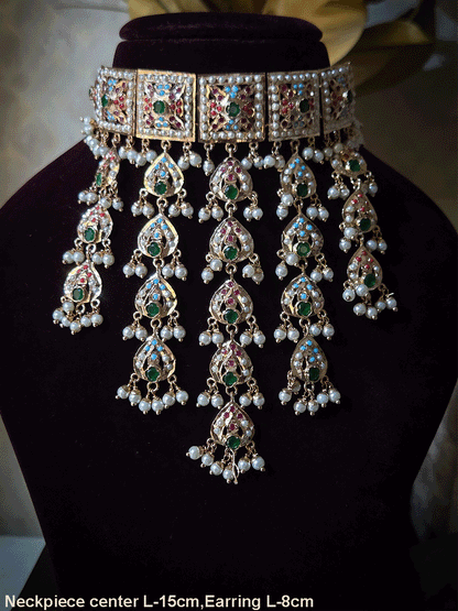 Square top muti coloured jadau connecting tukdies classy set with leaf design jadau tassels